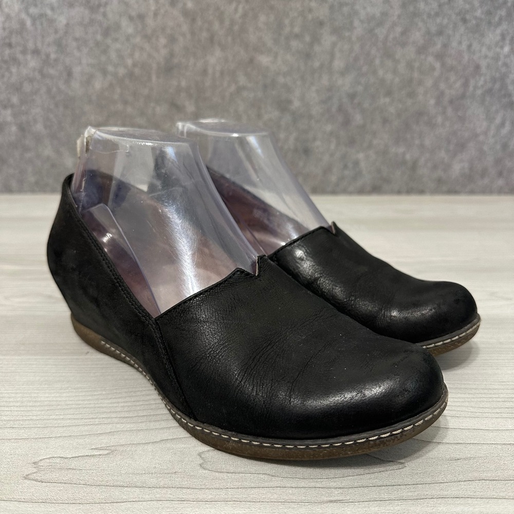 Dansko Liliana Wedge Shoes Womens 37 US 6.5-7 Black Leather Slip On Low Heel